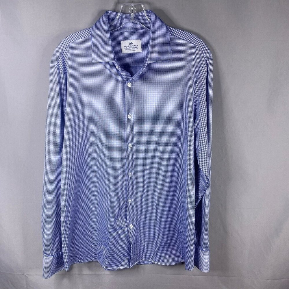 Mizzen + Main Shirt Mens Medium Blue Check Nylon Trim Fit Lightweight Gingham